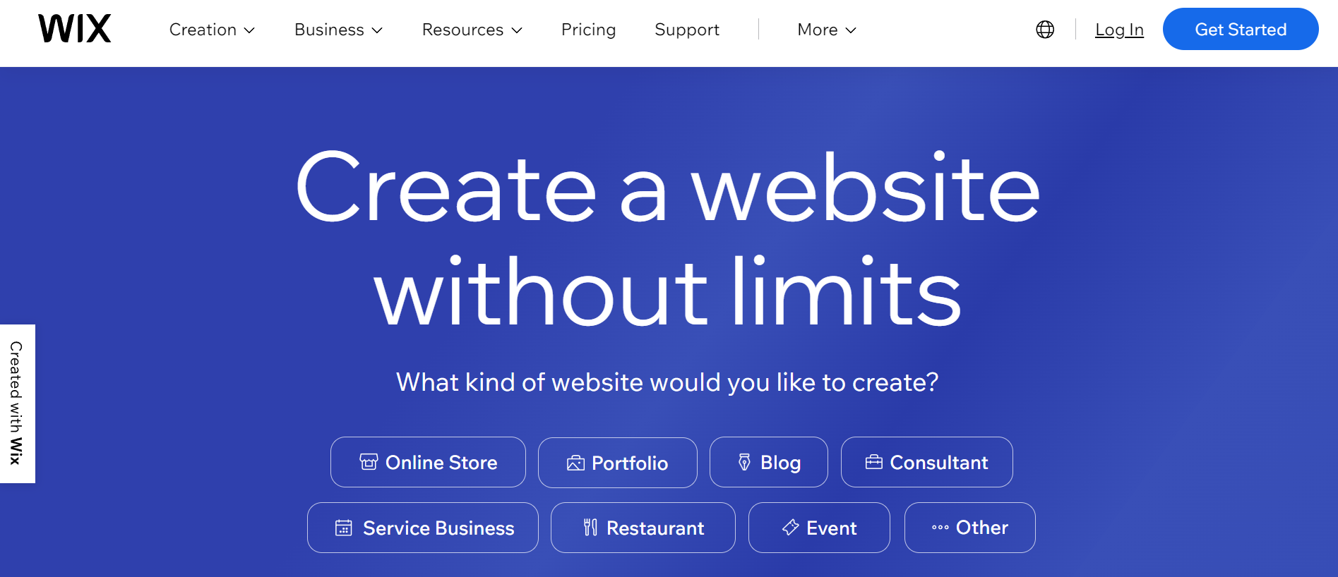 Screenshot of Wix's homepage