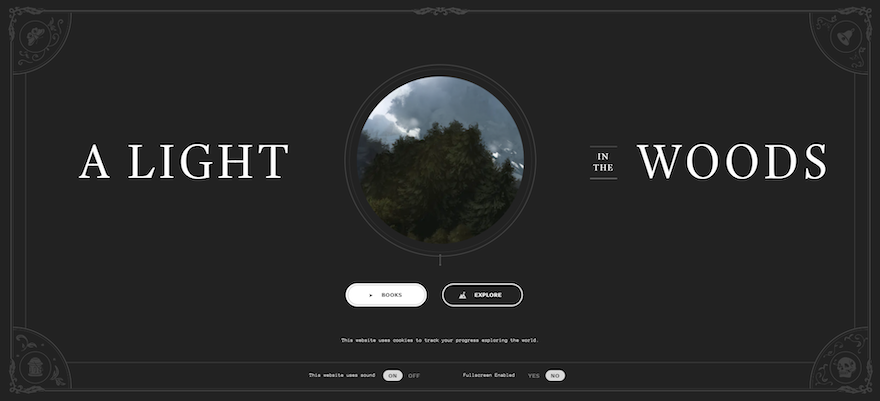 Screenshot from the 'A Light In The Woods' website. The bottom of the screen includes options for sound and fullscreen mode.