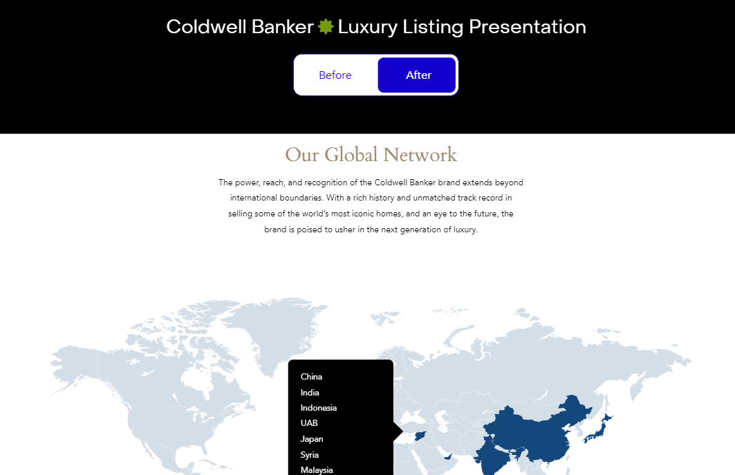 Screenshot of the Coldwell Banker after luxury listing presentation featuring an interactive map.