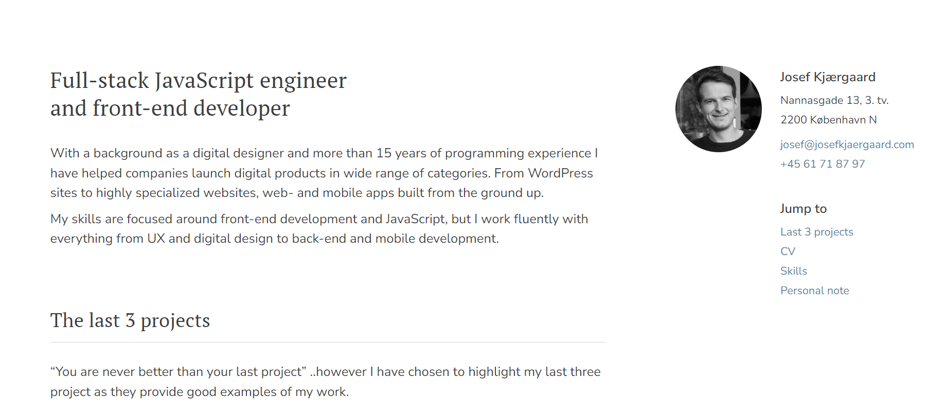 A screenshot showcasing Josef Kjærgaard’s minimalist one-page portfolio website. 