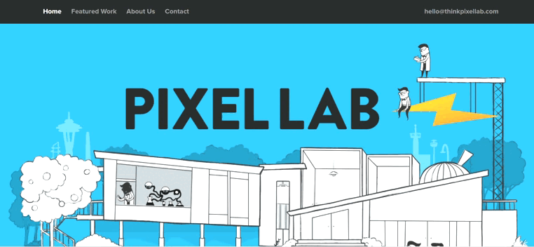 Screenshot of the Pixel Lab one-page website, featuring an animated visual of a lab as the homepage background. 