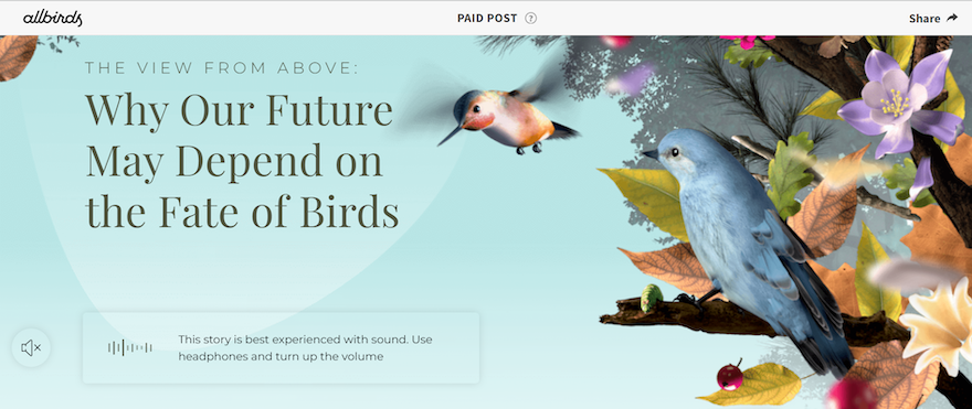 Screenshot of a New York Times piece titled 'Why Our Future May Depend on the Fate of Birds,' featuring vibrant illustrations of birds and flowers. 