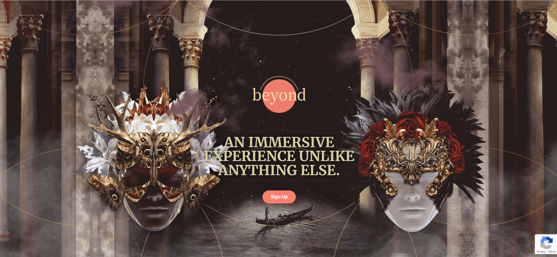 A screenshot showing the Beyond Venice website, a one-page site for a music festival that promises an immersive and spiritual experience.