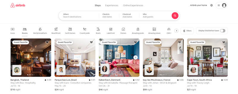 Airbnb screenshot with 'Guest favorite' listings in Bangkok, Brazil, Denmark, France, and South Africa. Listings show host photos, ratings, dates, and prices. Interactive design with categories and filters.