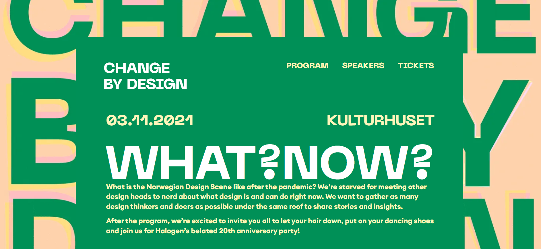 Screenshot of the Change By Design one-page website featuring a bold design with vibrant color combinations and large typography.