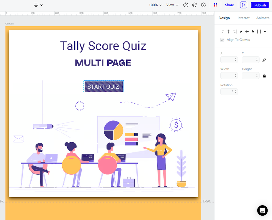 Ceros platform interface showcasing a Tally Score Quiz template. 