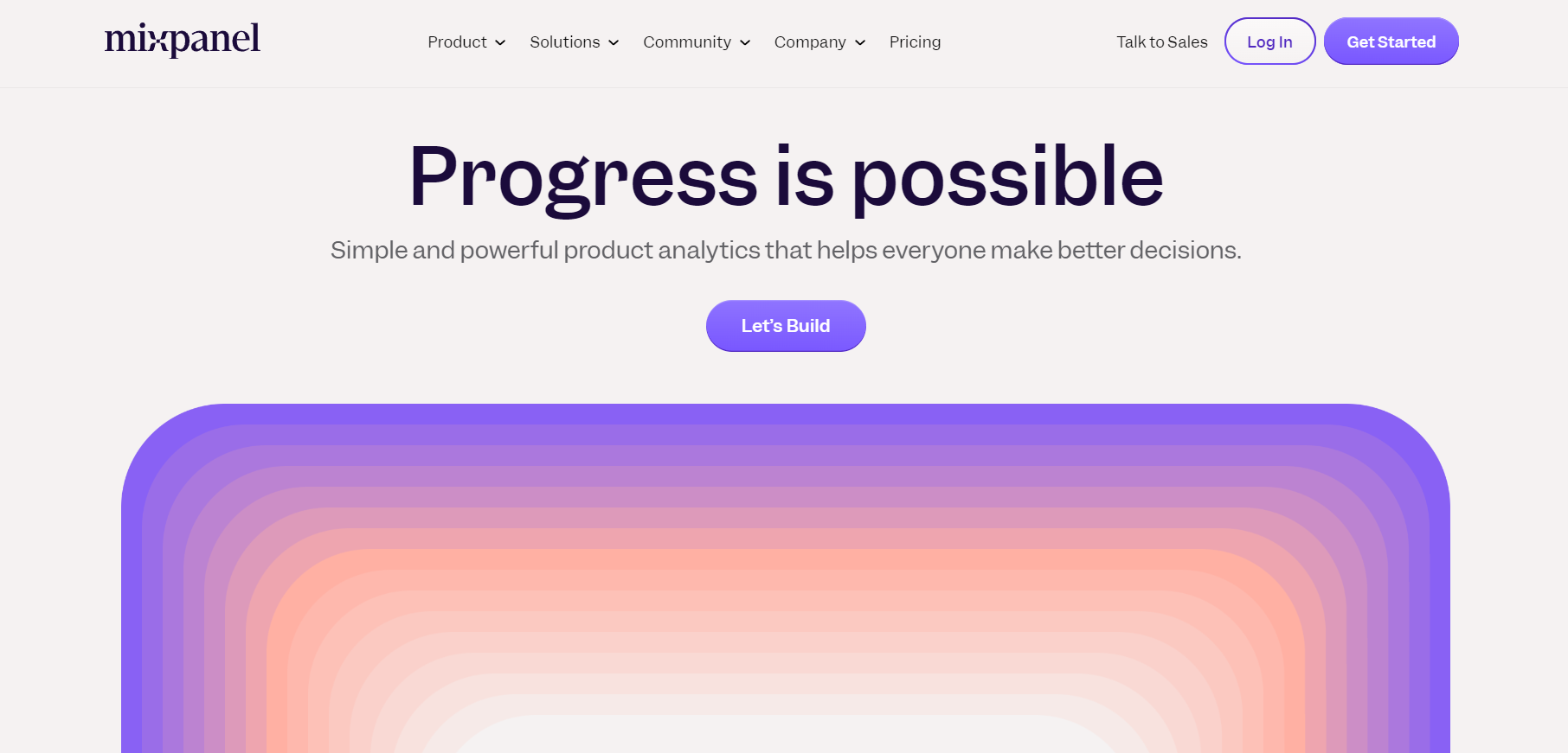 Screenshot of Mixpanel's homepage, featuring the headline "Progress is possible" with a gradient background transitioning from purple to orange. 