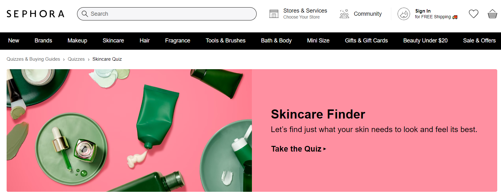 Screenshot of Sephora's Skincare Finder quiz section.