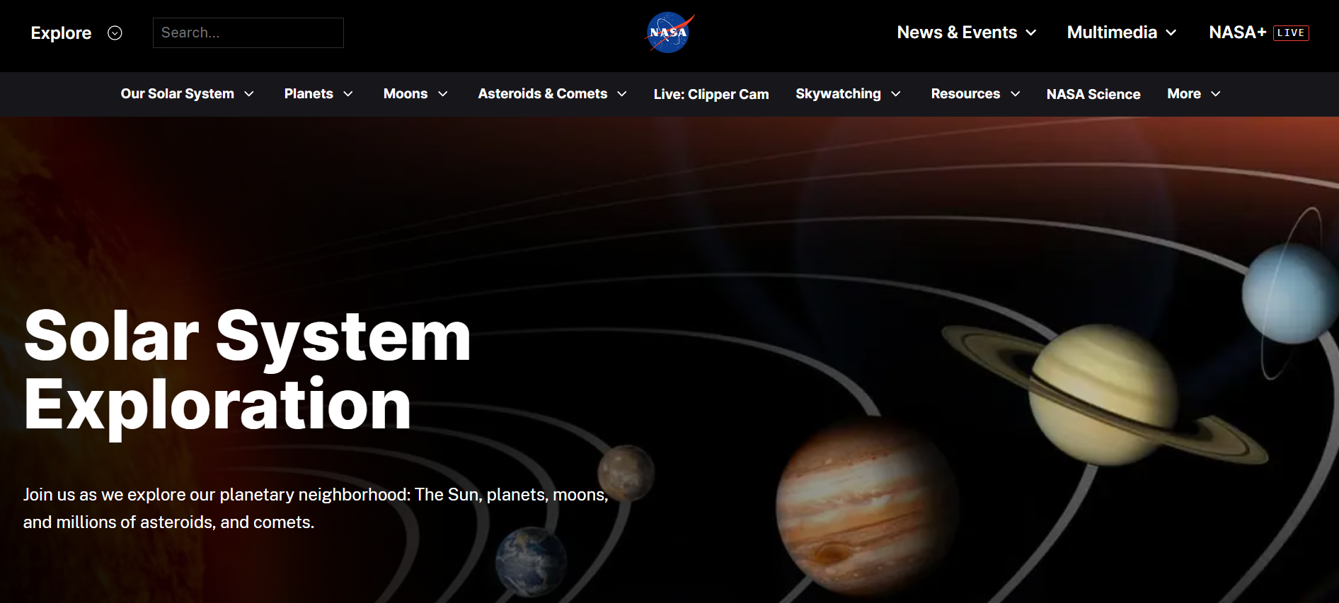 Screenshot of NASA's Solar System Exploration webpage, featuring a dark background with an interactive 3D visualization of the solar system. 