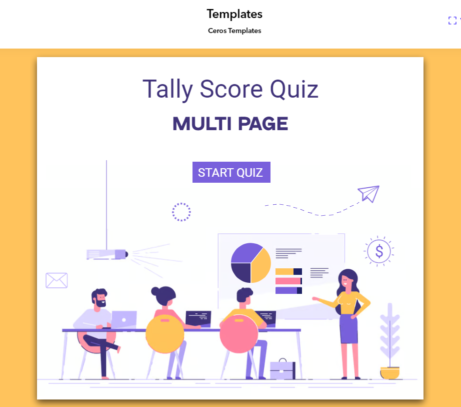 Illustration of a Tally Score Quiz template by Ceros. The template is titled 'Tally Score Quiz MULTI PAGE' with a 'START QUIZ' button.