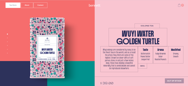 Bennett Tea's webpage showing 'Wuyi Water Golden Turtle' Oolong tea. Colorful tin on left; product details on right with Taste, Aroma, and Mouthfeel notes. Red, pink, teal, and navy background.