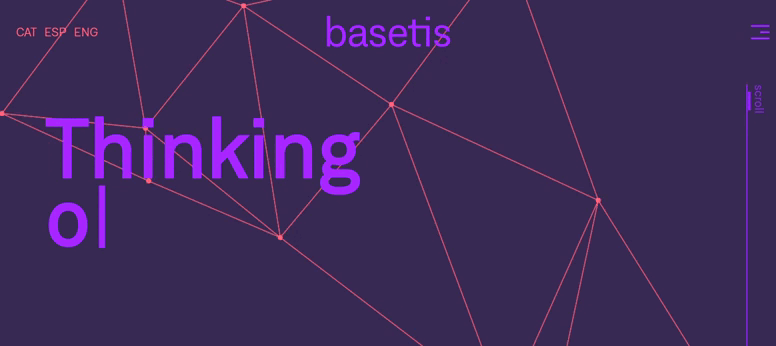 GIF showcasing Basetis's website featuring plain colors, irregular line shapes, and service menus placed in unconventional spots. 