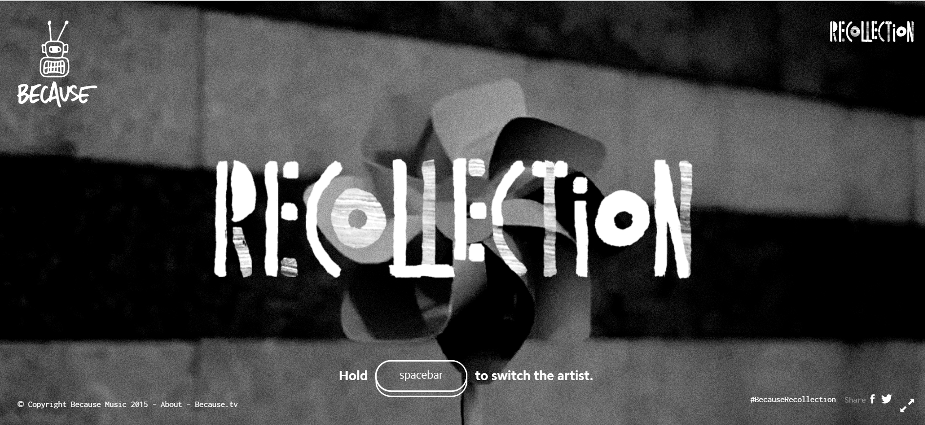 Screenshot of the Because Recollection website, featuring a black-and-white theme with the word "RECOLLECTION" displayed prominently in bold, stylized font.