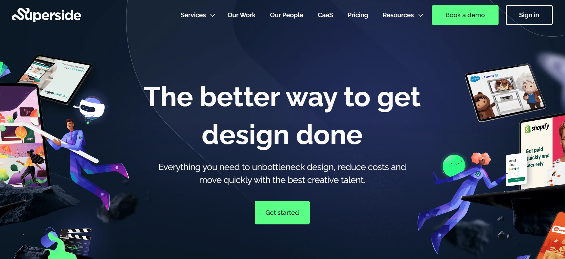 Screenshot of Superside's homepage featuring a dark-themed background with the tagline, "The better way to get design done," in bold white text. 