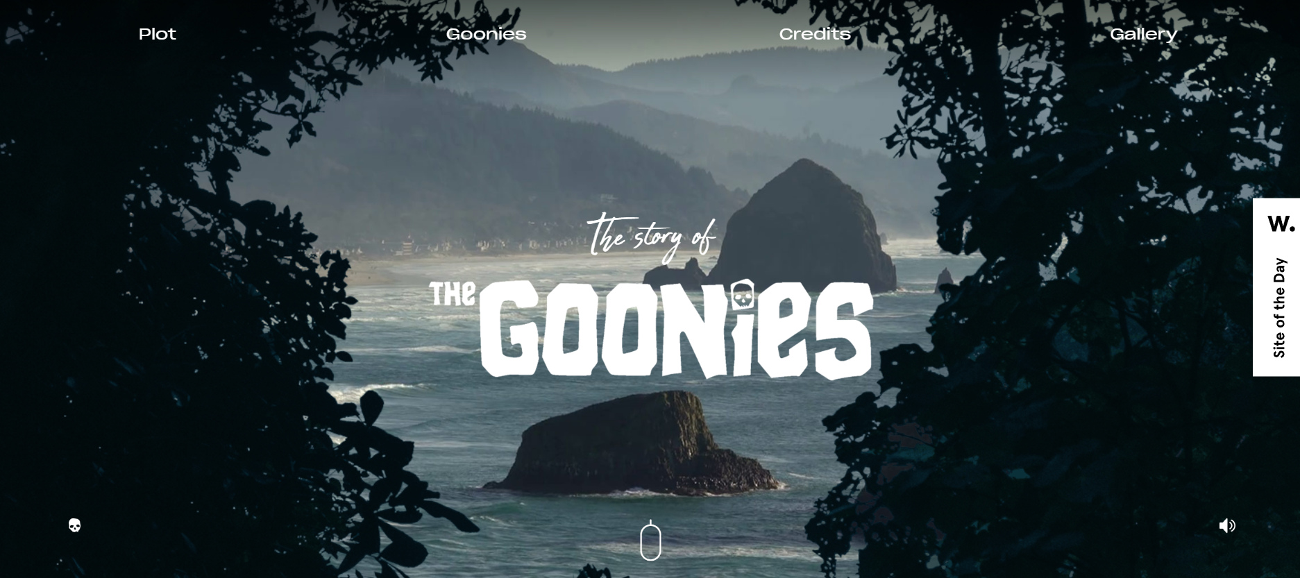 Screenshot of The Goonies' interactive website showcasing the iconic Goon Docks setting from the movie, framed by dark foliage and a view of the ocean and rocks. 