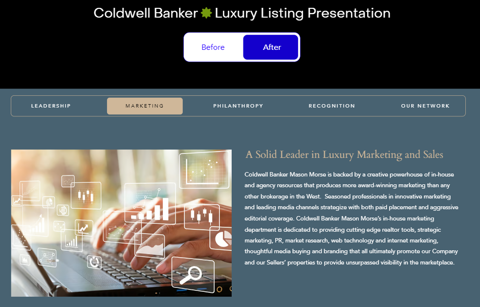 Screenshot of the Coldwell Banker after luxury listing presentation featuring clickable elements.