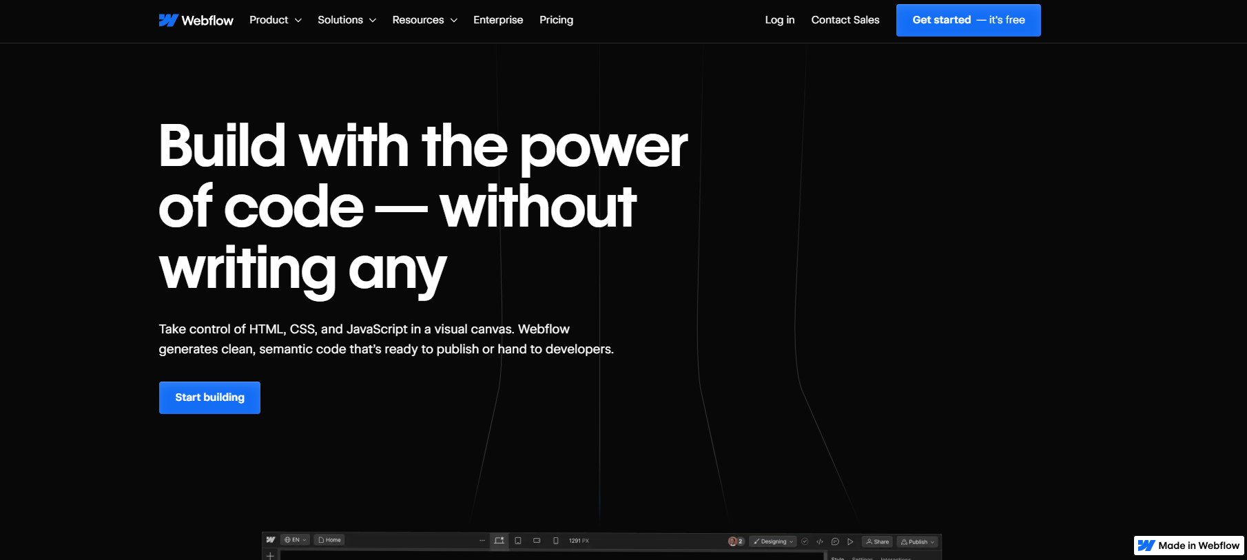 Screenshot of Webflow's homepage, featuring a bold, black-themed design with large white text stating, "Build with the power of code — without writing any.