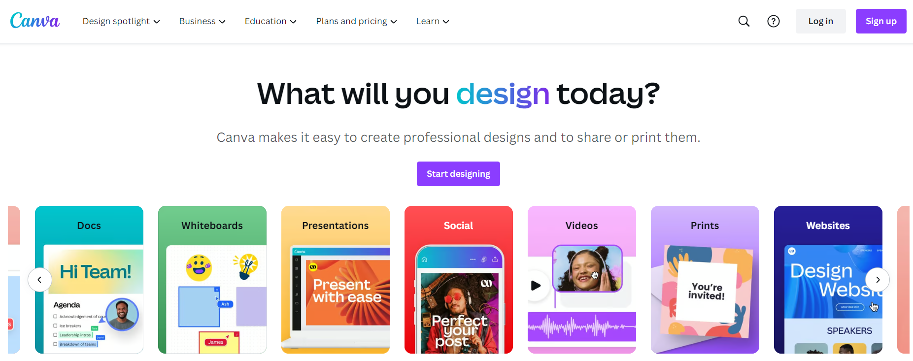 Screenshot of the Canva homepage.