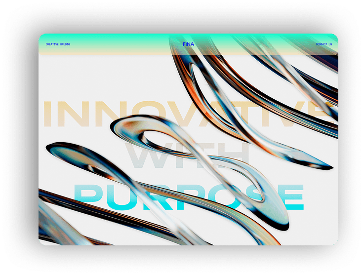 Interactive landing page mockup for FINA Creative Studio with 3D metallic shapes.