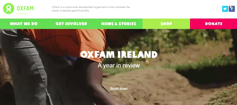Oxfam Ireland's animated A year in review page, opening with a scroll-down prompt over footage of a farmer, an example of interactive data storytelling.