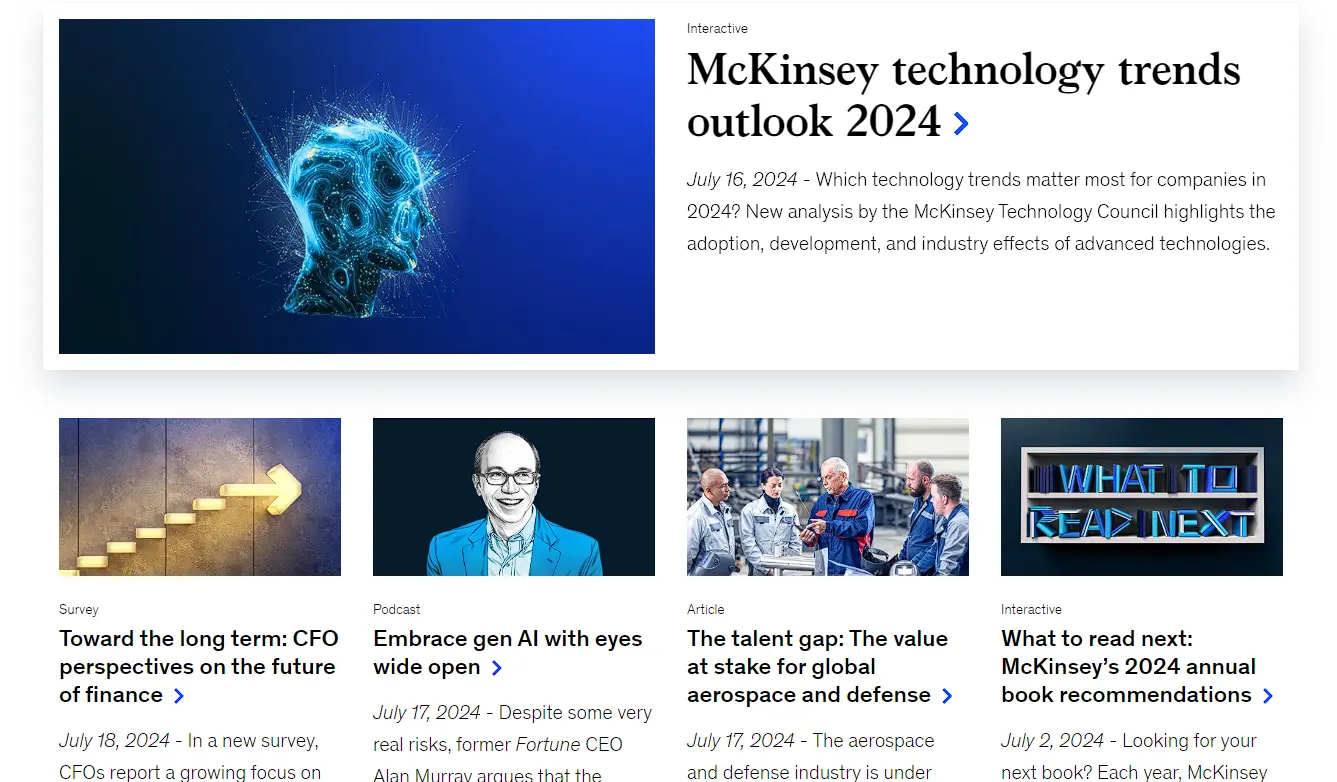 A screenshot showcasing a McKinsey thought leadership article titled "McKinsey technology trends outlook 2024."