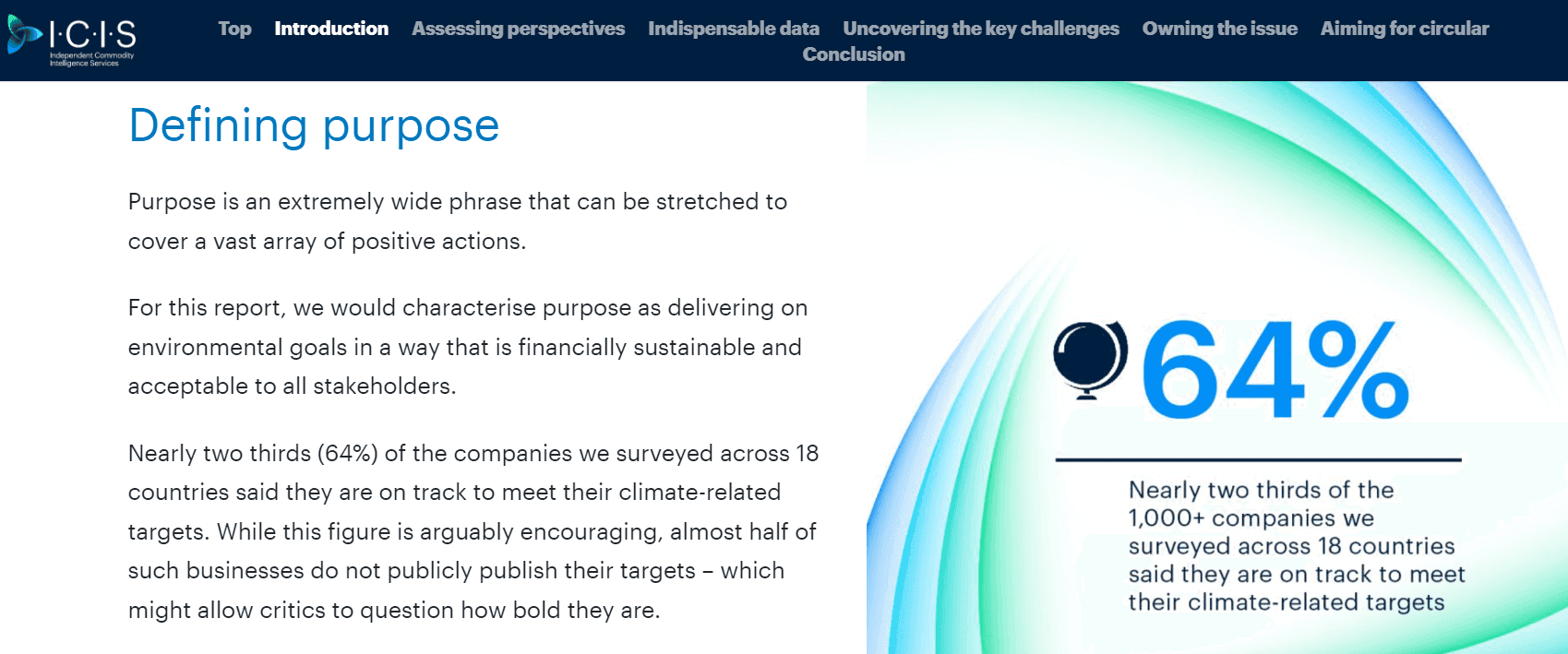 ICIS sustainability whitepaper page titled Defining purpose, with a large 64% statistic: nearly two thirds of 1,000+ surveyed companies say they are on track for climate targets.