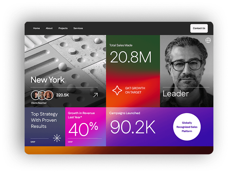 A marketing dashboard showcasing sales metrics, growth stats, and a featured leader.