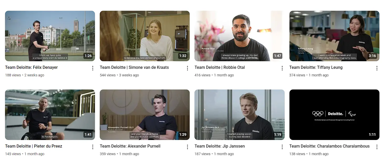 Screenshot of Deloitte's YouTube channel featuring videos of Team Deloitte athletes.