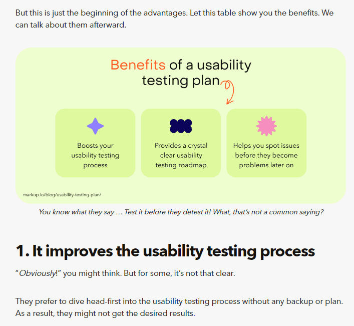 MarkUp blog graphic titled Benefits of a usability testing plan, listing three benefits: boosts the testing process, provides a clear roadmap, and helps spot issues early.