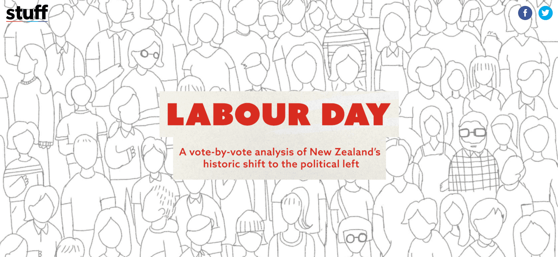 Stuff's interactive feature "Labour Day," a vote-by-vote analysis of New Zealand's historic shift to the political left, over a line-drawn crowd illustration.