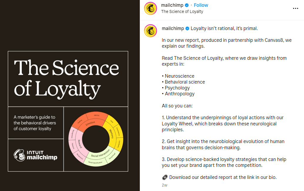 Mailchimp Instagram post promoting its report The Science of Loyalty, with a loyalty wheel graphic and a caption listing neuroscience, psychology and other insights.