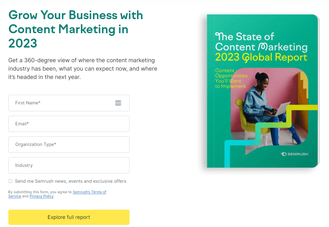 Semrush landing page for its State of Content Marketing 2023 Global Report, with a lead-capture form asking for name, email, organization type and industry beside the green report cover.