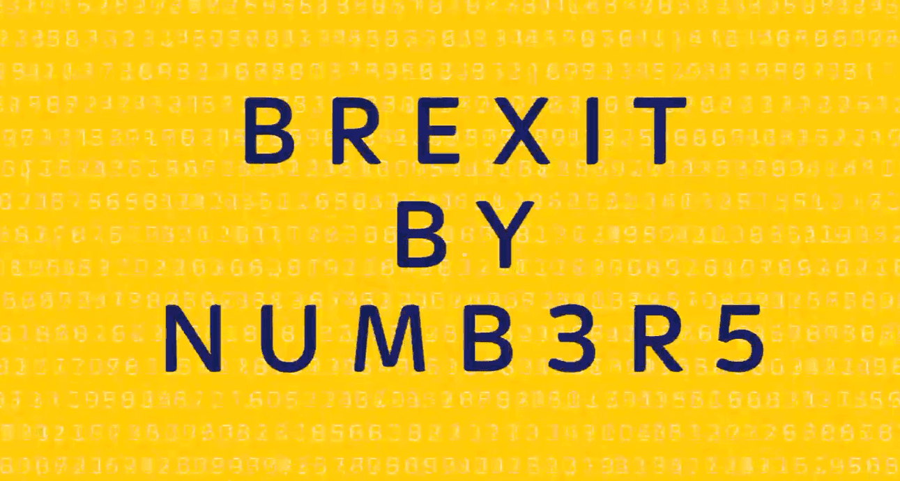 Title screen of Sky News's Brexit by Numbers data story, with the name set in bold navy type over a yellow background of scrolling digits.